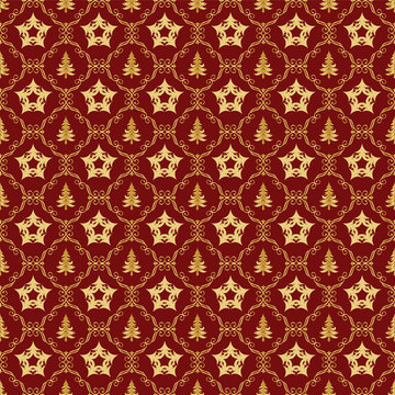 red wallpaper with stars and gold trees