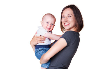 mother holding in her arms smiley son