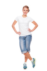 woman in white t-shirt, shorts and jogging shoes