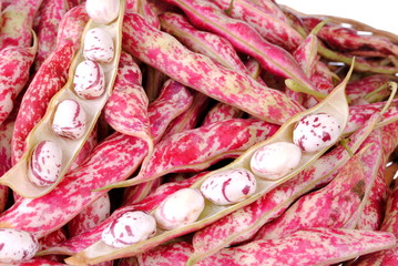 purple beans and pods in a straw basket