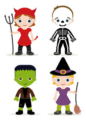 halloween kids costume, devil, skeleton, franky and witch