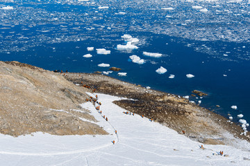 Group of tourists, view from the peak. Antarctica
