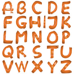 High resolution orange hand painted font set isolated on white