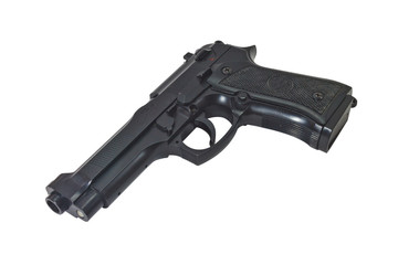 Black handgun isolated on a white background