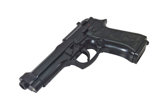 Black handgun isolated on a white background