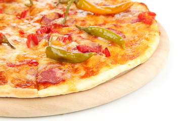 Tasty pepperoni pizza on wooden board isolated on white