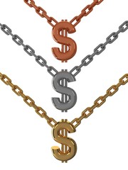 Golden bronze and silver dollar signs with chain