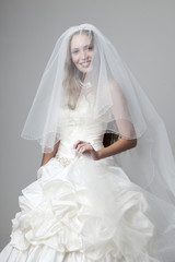 beautiful smiling girl in a wedding dress with a veil