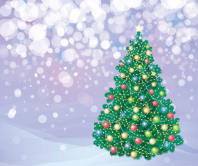 Fototapeta na wymiar Christmas tree and decorations on winter background.