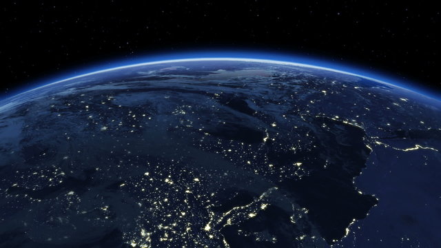Beautiful Sunrise over the Earth. Cities at Night. HD 1080.