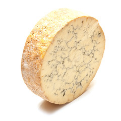 Stilton cheese on a white studio background.