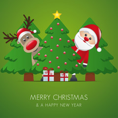 santa and reindeer behind christmas tree