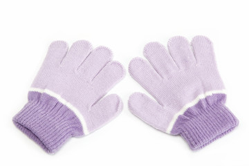 Purple woolen gloves, isolated on white background. Cold winter