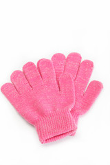 Pink woolen gloves, isolated on white background. Cold winter cl