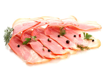 tasty bacon with spices, isolated on white
