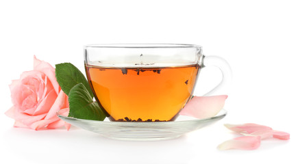 cup of tea with rose isolated on white