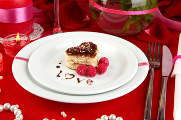 Table setting in honor of Valentine's Day close-up