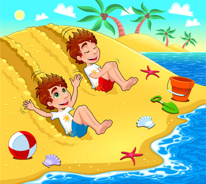 Twins are playing on the beach. Vector illustration.