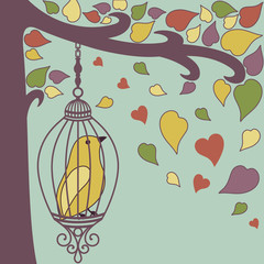 oiseau-en-cage-et-feuilles-d& 39 automne