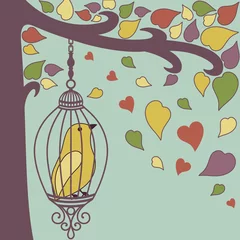 Photo sur Plexiglas Oiseaux en cages oiseau-en-cage-et-feuilles-d& 39 automne