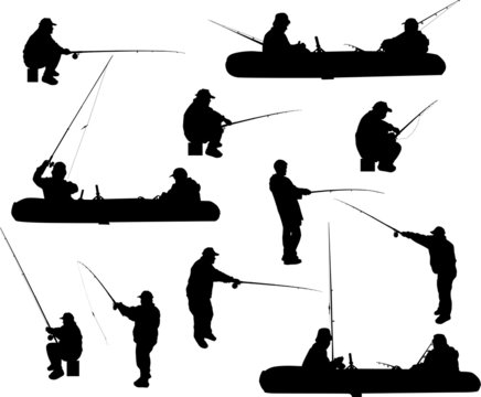 fishermen in silhouettes collection isolated on white