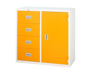 Cabinet in orange color with drawers and shelf isolates