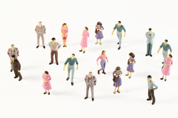 Toy, miniature figures of human in costumes, view from above