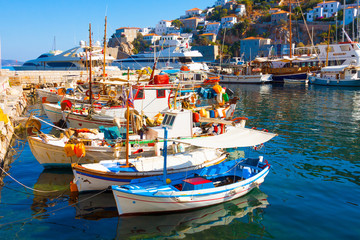 Fishing boats in Greek island Hydra Saronikos Gulf
