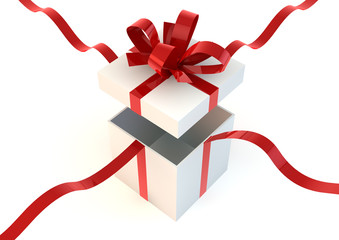 Opened white gift box with red ribbons