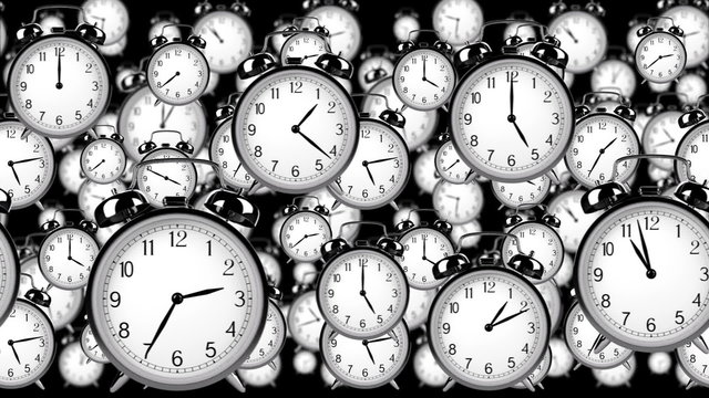many old fashioned clocks flying in time lapse in 3D space