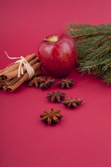 Weihnachtliche Dekoration mit Kugeln, Zimt, Anis und Apfel mit T