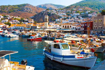 view of Boats in row in Hydra Island at Saronikos Gulf Greece