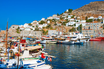 Wide view of Boats in row in port Hydra Island at Saronikos Gulf