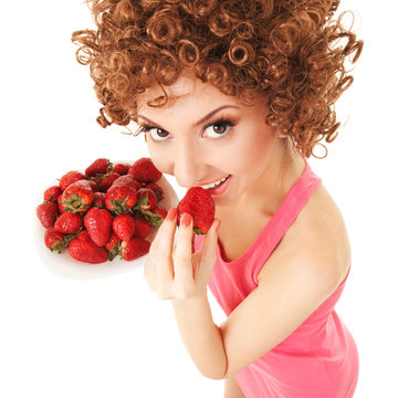 Fun woman with strawberry on the white background