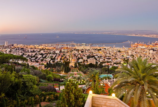 View from Mount Carmel to Haifa in Israel during sunset