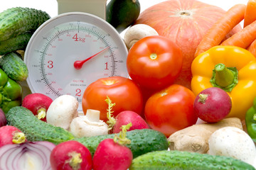 kitchen scale and vegetables