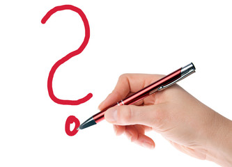 Hand with pen writing a question mark