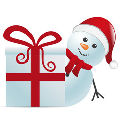 snowman with santa hat behind gift box