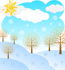 Winter landscape with stylized trees.