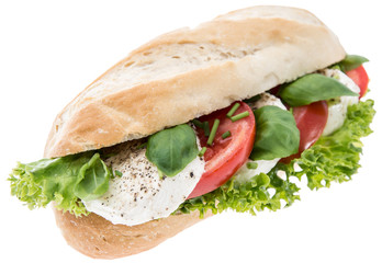 Fresh made Mozzarella Baguette on white