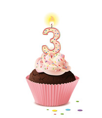 Cupcake mit Kerze und die Zahl 3