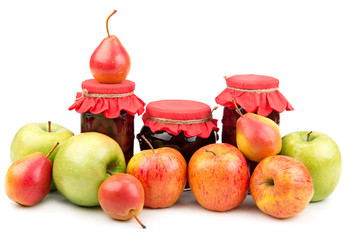 pears and apples and canned jars of jam