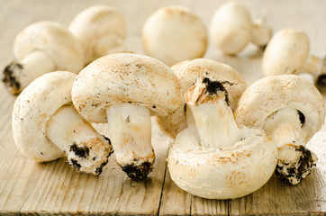 Funghi champignon su tavolo in legno invecchiato