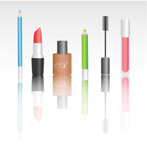 Set of cosmetics and makeup with reflection