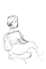 sketch to the portrait of young woman sitting on a chair