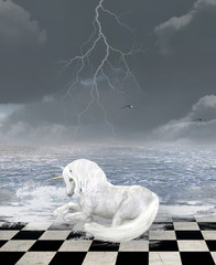 Unicorn siedzi w surrealistycznej scenerii morskiej