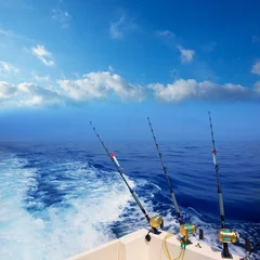 Sierkussen bootvissen slepend in de diepblauwe oceaan voor de kust © lunamarina