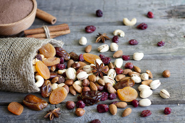 Chocolate nuts dried fruits and candy background - obrazy, fototapety, plakaty