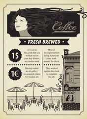Photo sur Plexiglas Journaux bannière rétro sur le thème du café avec fille et café de la rue