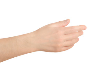 Hand on white background something holding